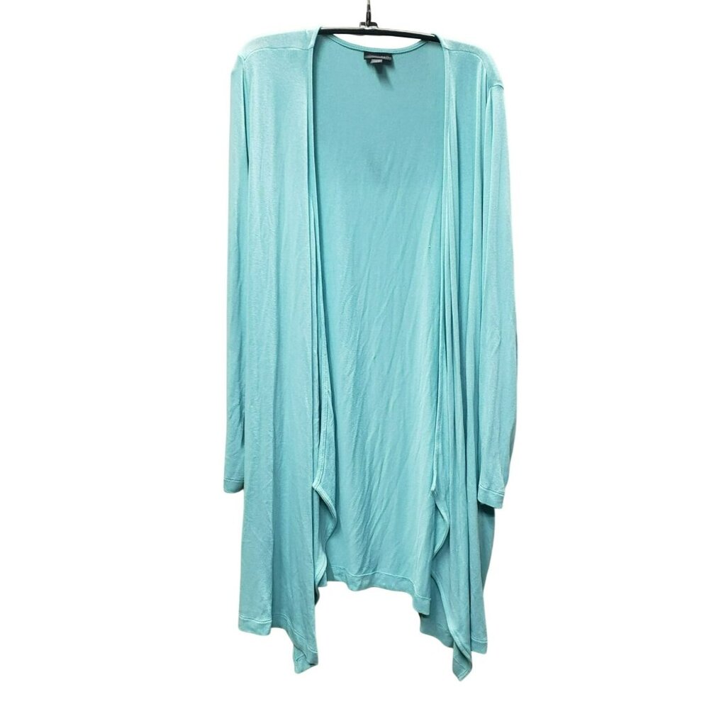 J Jill Wearever Collection Long Cardigan Sweater Sz XL Lt Blue, Asymmetrical Hem